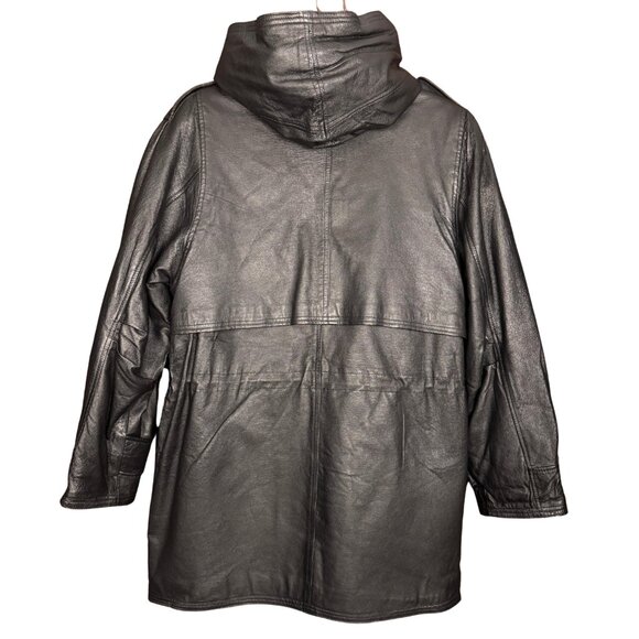 Vintage 90s Black Leather Coat, Quilted Lining, Genuine Leather, Oversized Parka - Picture 6 of 7
